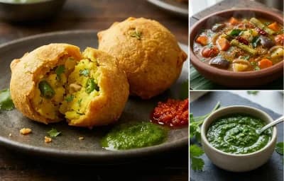 Batata Vada with Vegetable Sambar and Coriander Mint Chutney