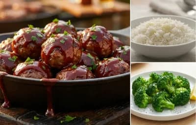 BBQ Meatballs with Steamed Basmati Rice and Steamed Broccoli