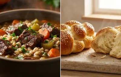 Beef and Barley Stew with Challah Rolls