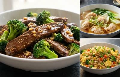 Beef and Broccoli Stir-Fry with Wonton Soup and Vegetable Fried Rice