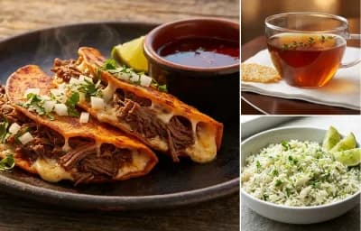Beef Birria Tacos with Beef Consommé and Cilantro Lime Rice