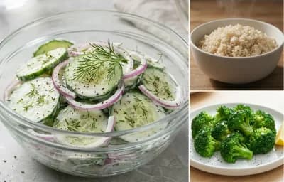 Turkey Meatballs with Whole Wheat Pasta with Cucumber Salad, Brown Rice and Steamed Broccoli