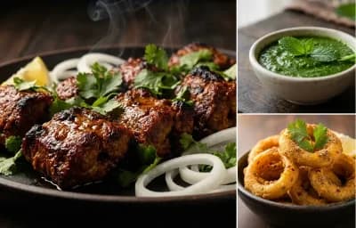 Bihari Boti Kebab with Mint Chutney and Indian Onion Rings
