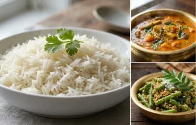 Boiled Rice with Kudla Sambar and French Beans Sukka