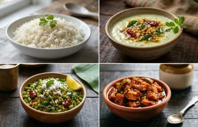 Boiled Rice with Thimare Tambli, Beans Palya and Mango Pickle