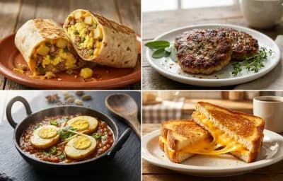 Breakfast Burrito with Green Chile with Breakfast Sausage Patties, Egg Masala Fry and Grilled Cheese