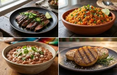 Carne Asada with Mexican Rice, Tex-Mex Refried Beans, Grilled Onions and Pico De Gallo