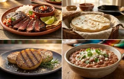 Carne Asada Plate with Flour Tortillas, Grilled Onions and Tex-Mex Refried Beans