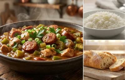 Chicken and Andouille Sausage Gumbo with Steamed Basmati Rice and French Bread