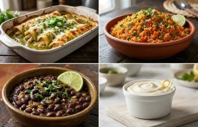 Chicken Enchiladas Verdes with Mexican Rice, Savory Black Beans and Sour Cream