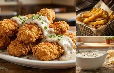 Chicken Fried Steak Fingers with French Fries and Cream Gravy
