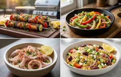 Chicken Kabobs with Sauteed Bell Peppers and Onions, Laccha Pyaaz and Couscous Salad