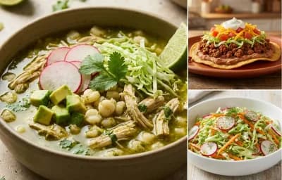Chicken Pozole Verde with Ground Beef Tostadas and Cabbage and Radish Slaw