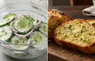 Pasta Primavera with Cucumber Salad and Garlic Bread