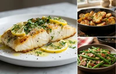 Cod with Lemon and Herbs with Roasted Potatoes and Sauteed Green Beans with Bacon