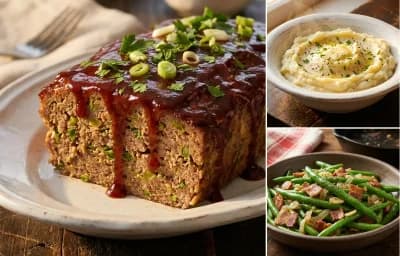 Creole Meatloaf with Mashed Potatoes and Sauteed Green Beans with Bacon