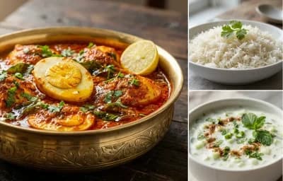 Egg Ghee Roast with Boiled Rice and Cucumber Raita