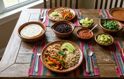 Fajita Chicken and Peppers, Brown Rice and Sliced Avocado and Lime