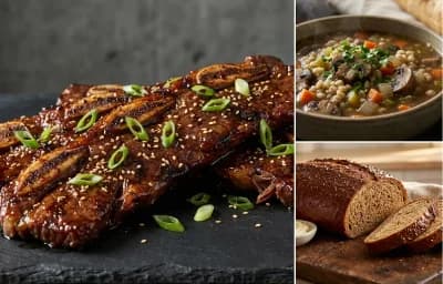 Flanken Beef Short Ribs with Barley Mushroom Soup and Rye Bread