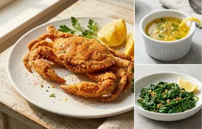Fried Soft-Shell Crab with Lemon Butter Sauce and Sauteed Spinach with Garlic