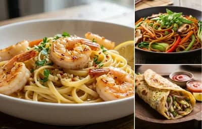 Garlic Shrimp Scampi with Vegetable Lo Mein and Egg Roll