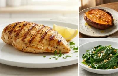 Grilled Chicken Breast with Baked Sweet Potato and Steamed Spinach with Garlic
