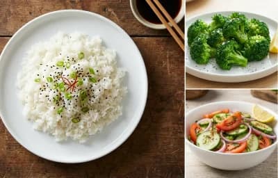Grilled Chicken Breast with Steamed White Rice, Steamed Broccoli and Cucumber Tomato Salad