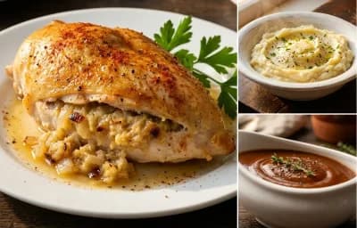 Helzel-Style Stuffed Chicken Breast with Mashed Potatoes and Brown Gravy