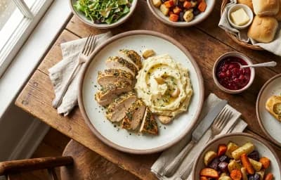 Herb-Crusted Pan-Seared Chicken Breast with Roasted Garlic Mashed Potatoes
