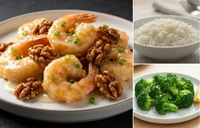 Honey Walnut Shrimp with Steamed Basmati Rice and Steamed Broccoli