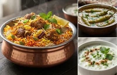 Kachay Gosht ki Biryani with Mirchi ka Salan and Cucumber Raita
