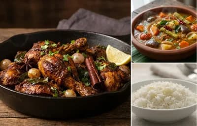 Kozhi Varuval with Vegetable Sambar and Steamed Basmati Rice