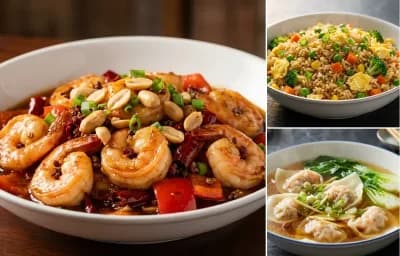 Kung Pao Shrimp with Vegetable Fried Rice and Wonton Soup