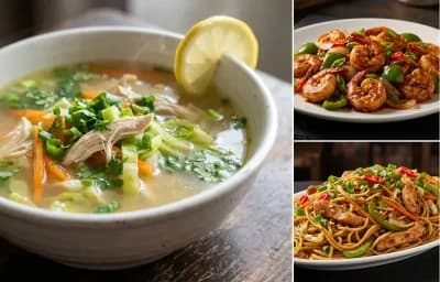 Lemon Coriander Chicken Soup with Chilli Garlic Prawns Dry and Chicken Hakka Noodles