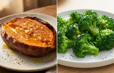 Lentil Chili with Baked Sweet Potato and Steamed Broccoli