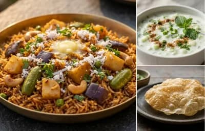 Masale Bhaat with Cucumber Raita and Appalam