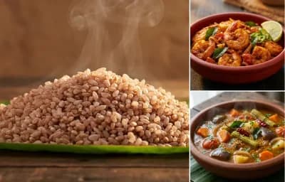 Matta Rice with Kerala Prawn Roast and Vegetable Sambar
