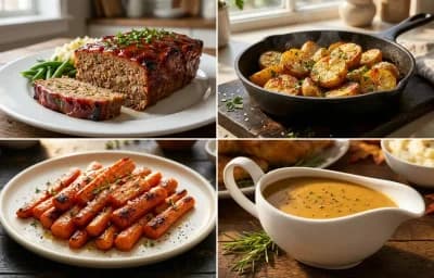 Meatloaf with Roasted Potatoes, Roasted Carrots and Brown Gravy