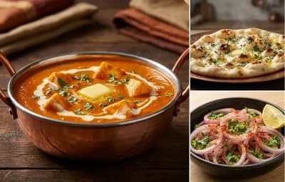 Paneer Butter Masala with Butter Naan and Laccha Onion Salad