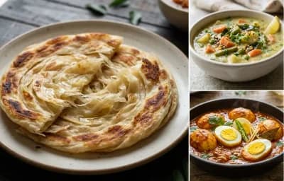Parotta with Vegetable Sagu and Egg Masala Curry