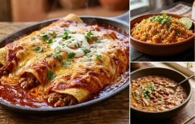 Red Chile Beef Enchiladas with Spanish Rice and Pinto Beans