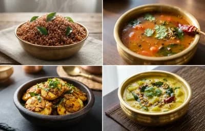 Red Rice, Udupi Tomato Rasam, Egg Fry and Southekayi Kootu