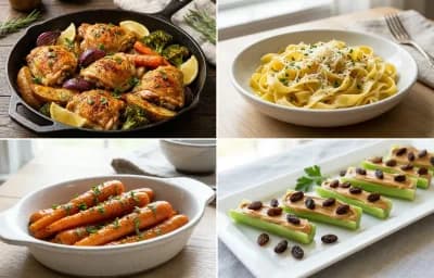 Roasted Chicken and Vegetables with Buttered Noodles, Glazed Carrots and Ants on a Log