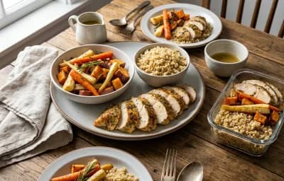 Roasted Root Vegetables, Herbed Chicken Breast and Simple Cooked Quinoa