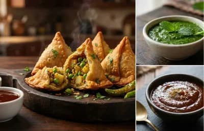 Samosa with Mint Chutney and Tamarind Chutney