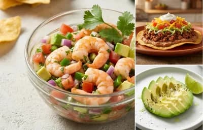 Shrimp Ceviche with Ground Beef Tostadas and Avocado Slices