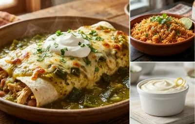 Smothered Green Chile Burrito with Spanish Rice and Sour Cream
