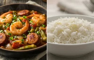Smothered Okra with Shrimp and Sausage with Steamed Basmati Rice
