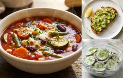 Minestrone Soup with Avocado Toast and Cucumber Salad