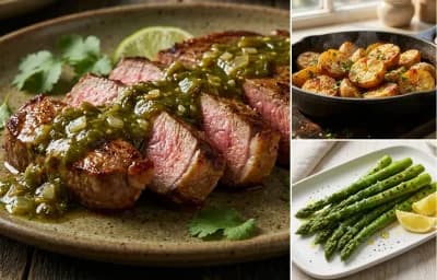 Steak with Green Chile Sauce with Roasted Potatoes and Grilled Asparagus